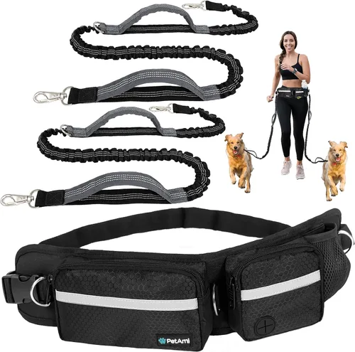 Vista 8 de Correa para perro PetAmi manos libres, correa para correr con bolsa para la cintura, para caminar, trotar, doble bolsillo con cremallera