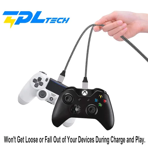 Vista 6 de TPLTECH Cable de carga para controlador PS4, 2 unidades-15 pies Micro USB 2.0 de nailon trenzado, cargador rápido y cable, cable de carga