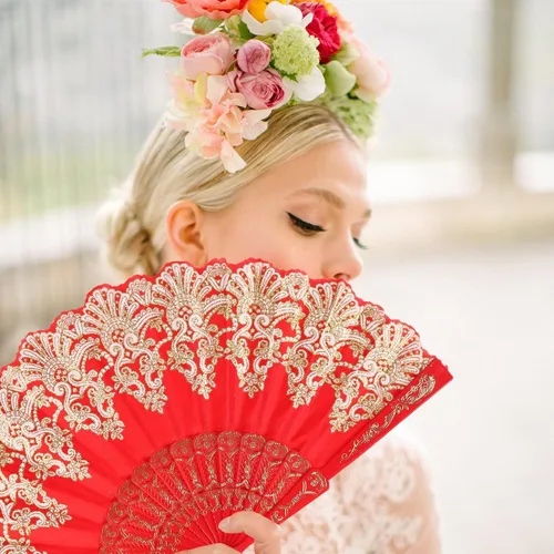Vista 4 de INNOLIFE Abanico de mano plegable español con patrón retro para mujeres, abanico plegable chino de mano para fiestas, baile, bodas y decoración