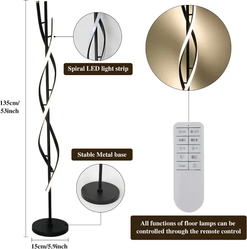 Vista 3 de Lámpara de pie moderna en espiral para sala de estar, lámpara de pie de esquina LED regulable de 30 W con control remoto, lámparas de pie negras