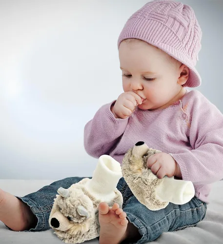Vista 5 de DolliBu - Zapatos de bebé de felpa suave de lobo gris Suave y esponjoso forro polar unisex con lobo de peluche para bebé niño o niña Pantuflas