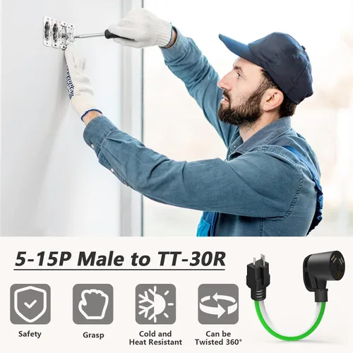Vista 7 de Cable adaptador RV de 15 amperios a 30 amperios y 110 voltios, cable adaptador de 12 pulgadas NEMA 5-15P macho a TT-30R hembra, convertidor