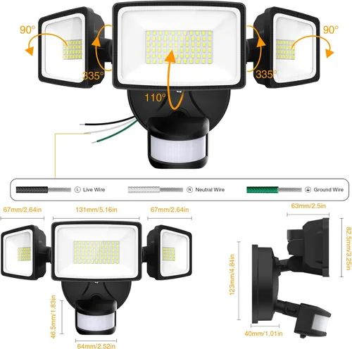 Vista 9 de Onforu Luces LED de seguridad de 55 W, luz con sensor de movimiento para exteriores, 5500 lúmenes, 6500 K, IP65 impermeable, luz de inundación