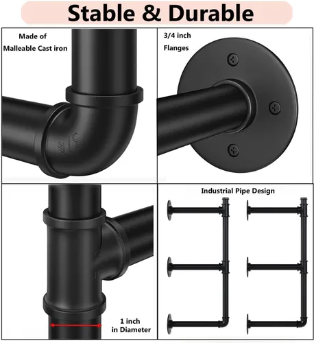 Vista 4 de Soportes de Tubo para Estantes Industriales de Montaje en Pared, Estantería Abierta de Tubo Negro para Cocina, Soportes de Estante Flotante