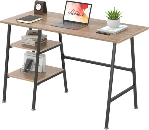 Vista 15 de VECELO Escritorio para computadora de 43 pulgadas, mesa de estudio, oficina, escritorio moderno con estantes, escritorio de madera para el Negro