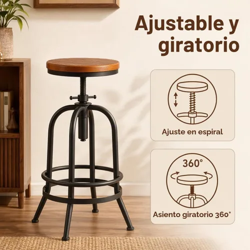 Vista 6 de Taburete de bar industrial vintage de 32 pulgadas, taburete de bar giratorio de madera de metal, taburete retro de altura ajustable, juego de 2