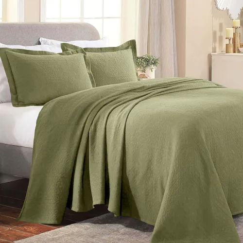 Vista 2 de Superior Fleur De Lis - Juego de colcha de algodón de 3 piezas, decoración de cama para el hogar, colcha decorativa con textura, 2 fundas de Salvia