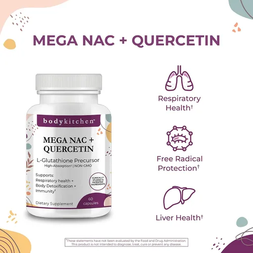 Vista 2 de Body Kitchen Mega NAC (N-acetil cisteína) 600 mg con quercetina, apoya la salud respiratoria y la función inmune y promueve la desintoxicación