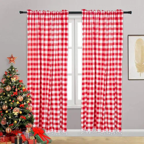 Vista 10 de ShinyBeauty Cortinas de cocina a cuadros negros de búfalo 2 paneles de cortinas opacas con borlas y bolsillo para barra, cortinas opacas de 63