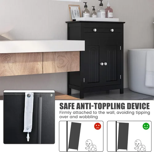 Vista 5 de GOFLAME Gabinete de almacenamiento de madera para baño, moderno armario organizador de baño con estante ajustable de 3 alturas, cajón y estante de 2