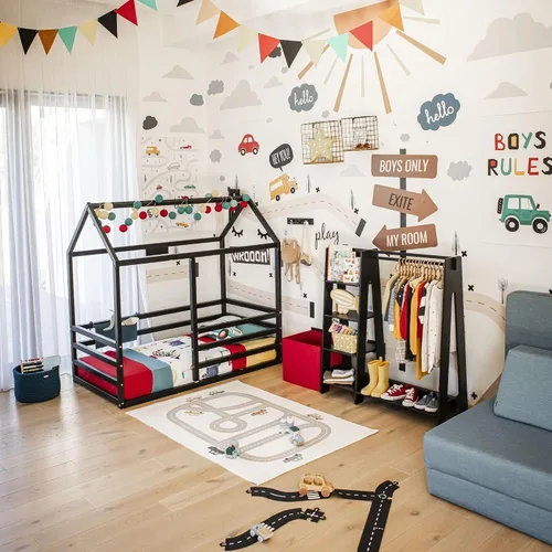 Vista 5 de Cama de casa para niños pequeños con rieles, Cama de piso para niños pequeños, Cama de piso Montessori para niños, Cama junior, Sofá cama para niños