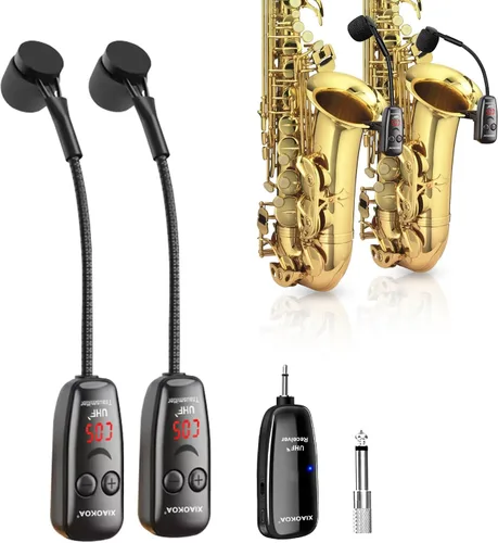Vista 10 de Micrófono inalámbrico para saxofón, micrófonos UHF para saxofón, micrófono con clip de carga y pantalla digital, para trompeta, tuba, trombón Negro1