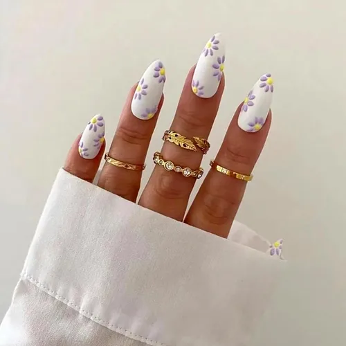 Vista 7 de Uñas postizas ovaladas a presión con puntas francesas, juego de uñas postizas cortas de flores artificiales, uñas postizas acrílicas con diseños