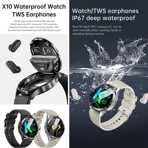 Vista 2 de X10 - Reloj inteligente con auriculares para iPhone, teléfonos inteligentes Android, 1.39 pulgadas, redondo, Bluetooth, llamadas, reloj inteligente