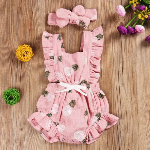 Vista 2 de ClickMeForMoreProducts Mameluco con volantes para niña recién nacida con diadema, ropa de verano