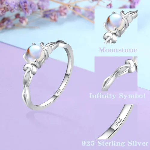 Vista 5 de Anillo de piedra lunar genuina para mujer, plata esterlina 925, arco iris, doble luna, infinito, anillo de compromiso de piedra lunar redonda