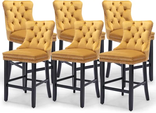 Vista 205 de SoarFlash Juego de 2 taburetes de bar tapizados de terciopelo moderno con patas de madera, botones acolchados, cabeza de clavo cromada, asiento