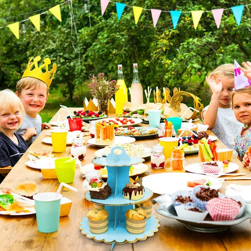 Vista 4 de Rocutus Soporte para cupcakes, 3 juegos de platos de postre de 3 niveles, mini pasteles, frutas, dulces, torre de exhibición de galletas, soporte