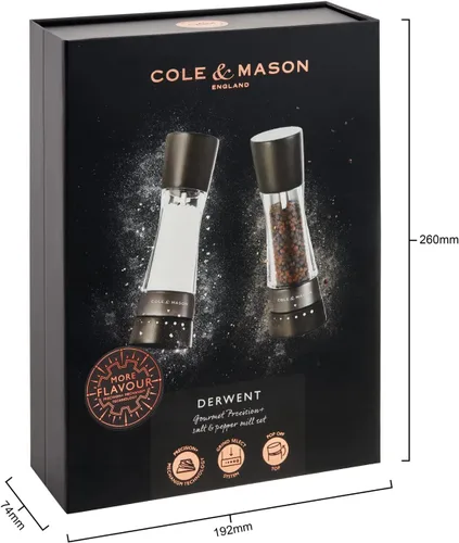 Vista 6 de Cole & Mason H332293 Derwent Black Wood Salt and Pepper Mills, Gourmet Precision+, Ajuste de Molienda, Haya Teñida/Acrílico, 190 mm, Juego