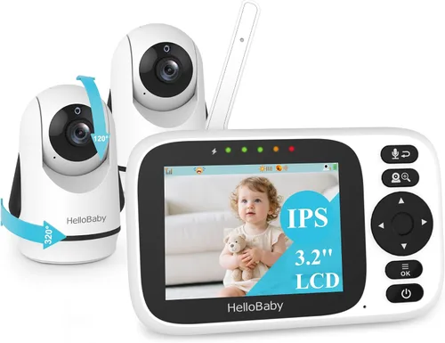 Vista 2 de HelloBaby Monitor de bebé de 3.2 pulgadas, 2 cámaras con soporte de suelo, monitor de video audio para bebés sin WiFi, zoom panorámico remoto
