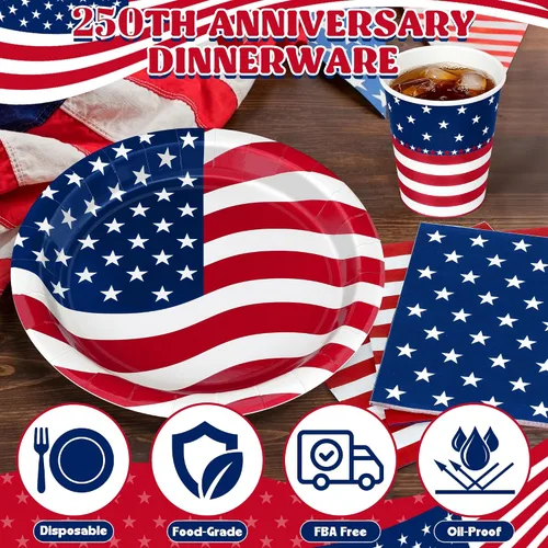 Vista 3 de 96 Pcs 4th of July Party Supplies Set, 250th Anniversary American Flag Patriotic Plates Napkins Cups, Disposable Red White Blue Star and Striped