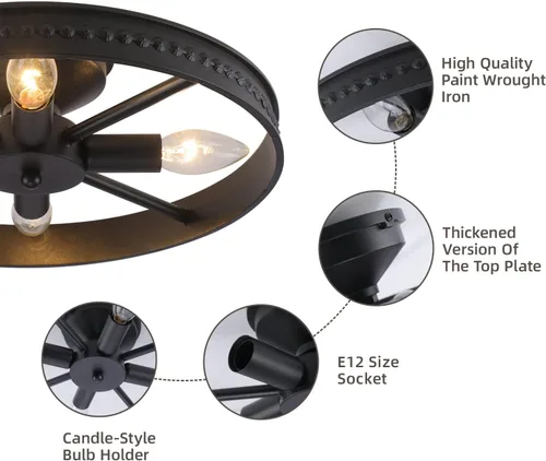 Vista 8 de Lámpara de techo redonda de 4 luces con montaje semiempotrado en negro, estilo rústico de metal granja para isla de cocina, comedor, pasillo