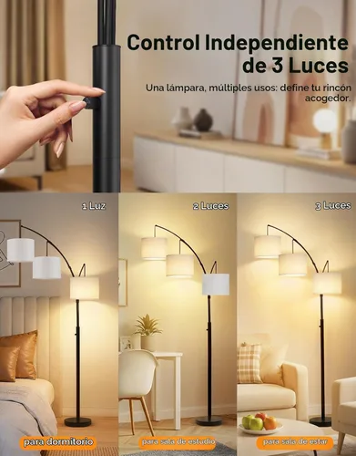 Vista 3 de OUTON Lámpara de pie LED de arco, lámpara de pie alta moderna negra de 3 luces para dormitorio, 2400lm lámparas de esquina de pie ajustables