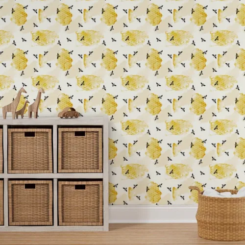 Vista 7 de Spoonflower Papel tapiz autoadhesivo de 3 x 2 pies – Abeja verano jardín acuarela miel oro negro nido de abeja insectos colmena abeja abejas papel