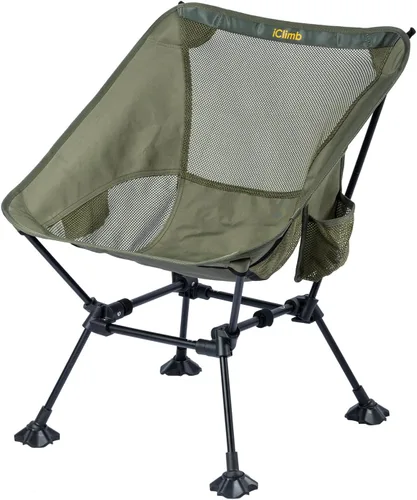 Vista 19 de iClimb Silla de camping ultraligera compacta plegable para playa con pies grandes antihundimiento y soporte de espalda con cuerda