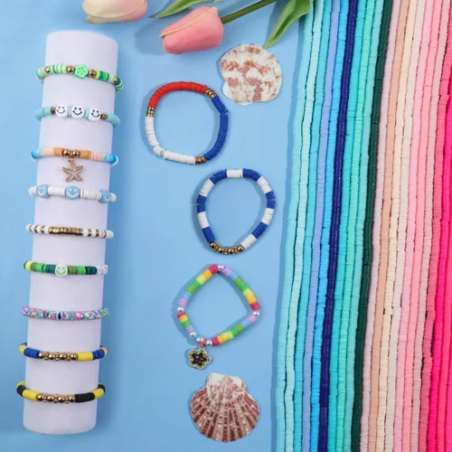 Vista 8 de Kit de pulsera de cuentas de arcilla de 50 hebras, 19000 unidades, cuentas planas redondas de arcilla polimérica de 0.236 in, cuentas Heishi