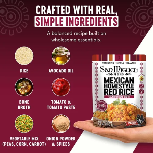Vista 3 de San Miguel Microondas Arroz Rojo Mexicano, 0.42 oz Proteína Arroz Rojo Mexicano • Caldo de Huesos • Aceite de Aguacate • 0.42 oz de Proteína • Sin