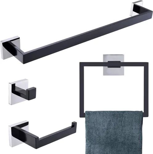Vista 20 de Juego de 4 soportes para toallas de baño, juego de accesorios de baño de acero inoxidable negro y dorado, montaje en pared, 23.6 pulgadas