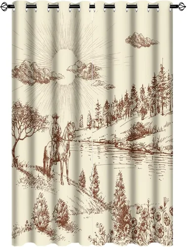 Vista 29 de Cortinas opacas retro de vaquero occidental para dormitorio, estilo rústico, cactus, salvaje oeste, vaquero, paseo, caballo, con ojales, aislamiento