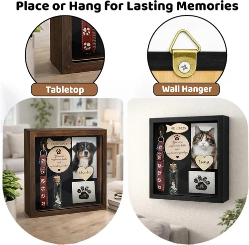 Vista 4 de vinatimes Caja de sombra de regalo conmemorativo para mascotas de 8.6 pulgadas, soporte para collar negro, marco de fotos, kit de tinta de pata