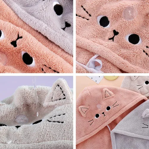 Vista 3 de Bonita toalla de pelo de microfibra con diseño de gato para niños, paquete de 3 toallas de secado rápido, turbante de pelo divertido con giro