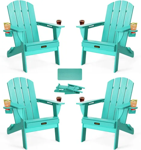 Vista 15 de Silla Adirondack Plegable, Sillas Adirondack de Plástico con Textura de Madera con 2 Portavasos, Silla para Hoguera de HDPE Resistente a