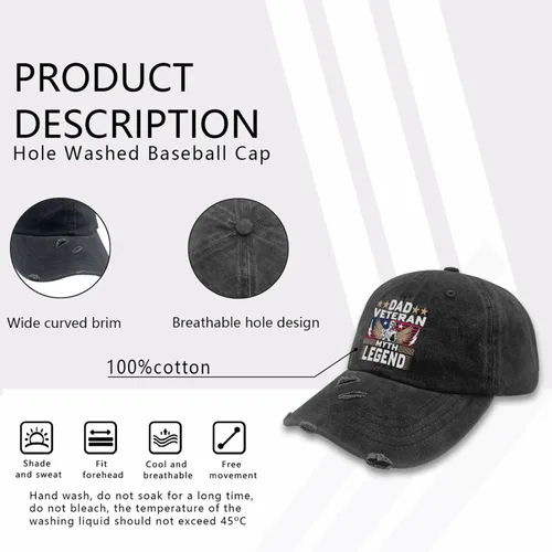 Vista 7 de Dad Veteran, Myth Legend, Hats for Mens Baseball Caps Low Profile Washed Ball Cap Breathable