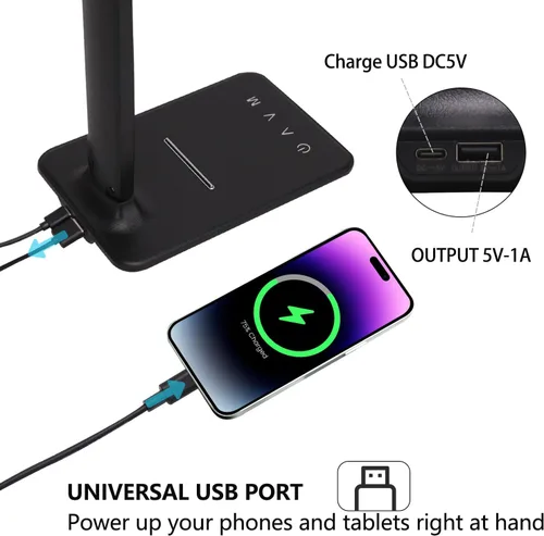 Vista 4 de Lámpara de escritorio LED regulable con puerto de carga USB, 5 modos de iluminación, control sensible, lámparas de escritorio plegables portátiles