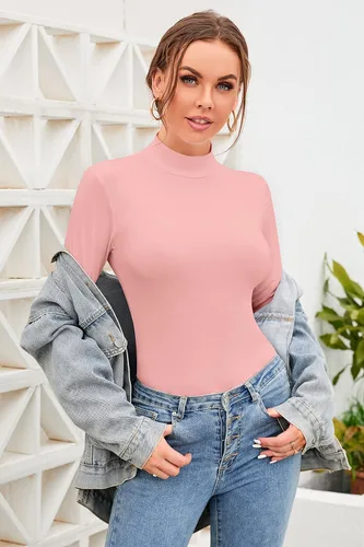 Vista 3 de SHEIUGU Camiseta de manga larga para mujer sin mangas cuello alto básica elástica ajustada con capas