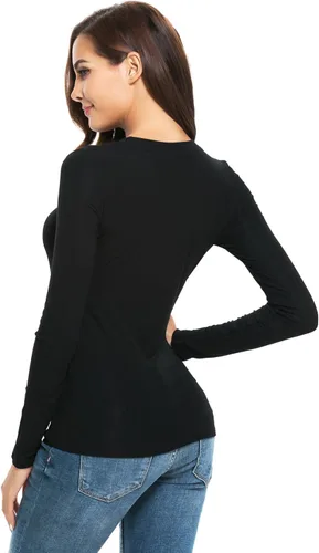 Vista 4 de Camiseta de manga larga para mujer, cuello redondo, rayón, ajustada, elástica, para mujer