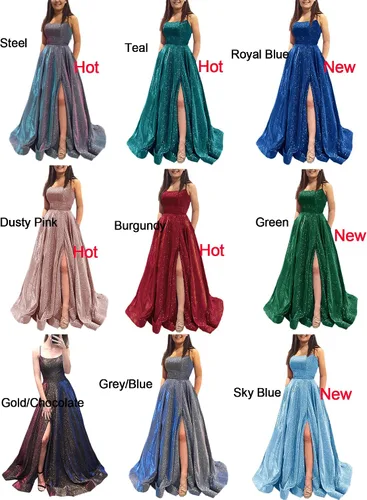 Vista 3 de Vestidos largos para baile de graduación, acampanados, con bolsillos, formales, para fiestas de noche, con abertura lateral y purpurina