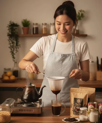 Vista 6 de Colador de té y café tailandés de 6 pulgadas Filtro de algodón reutilizable con asa Auténtico paño de estilo tailandés para bebidas