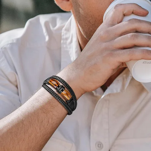 Vista 2 de JoycuFF Pulseras de cuero trenzado marrón para hombre, regalos para papá, novio, marido, hijo, nieto, hermano, para siempre, para el día del padre