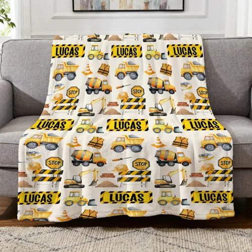 Vista 41 de Manta de Bebé Personalizada con Camiones de Construcción Personalizados Camión Volquete Mantas con Nombre para Niños y Niñas Manta Suave de Arrullo