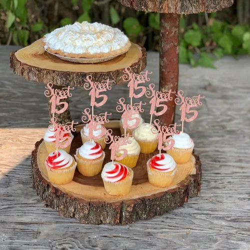 Vista 4 de 36 piezas de adornos para cupcakes con purpurina de 15 años de 15 años para cumpleaños, aniversario, fiesta, suministros de decoración de tartas