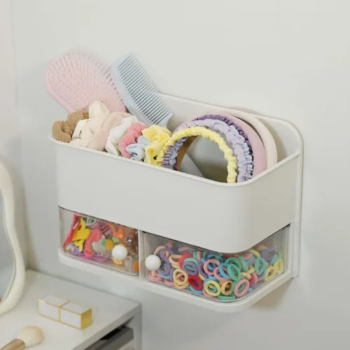 Vista 8 de Organizador de pared para baño, organizador de ducha de plástico 2 en 1 y soporte para Qtip, estante de almacenamiento adhesivo grande con cajón