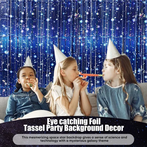 Vista 7 de Tingjoo Paquete de 2 cortinas de papel de aluminio de galaxia para decoraciones de fiestas temáticas espaciales, cortinas de oropel iridiscente azul