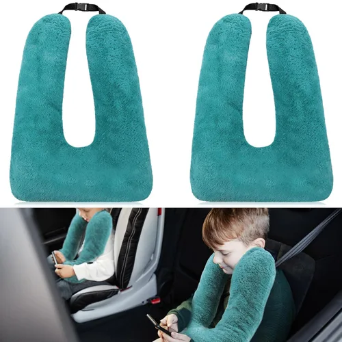 Vista 9 de Hoteam 2 almohadas de viaje para automóvil para dormir en forma de U para el asiento trasero, adultos y niños, soporte para cabeza y cuerpo, Gris