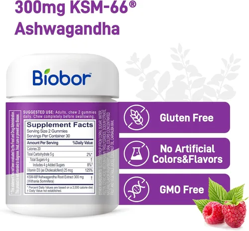Vista 2 de Biobor Gomitas Ashwagandha, extracto de raíz de Ashwagandha KSM-66 con vitamina D3, apoyo de relajación y apoyo inmunológico para adultos, sin OMG