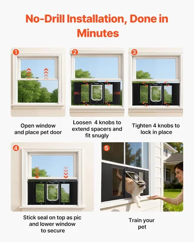 Vista 5 de VEVOR Puerta de gato para ventana, ajustable para adaptarse a un ancho de ventana de 27 a 32 pulgadas, 4 modos de bloqueo seguro, marco de aluminio